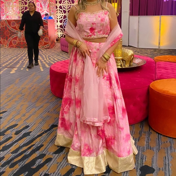 Pink and Gold Lengha Choli - Picture 1 of 6